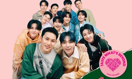 SEVENTEEN posing as Bibigo's first global brand ambassadors with QR code for "Taste What's Beyond"