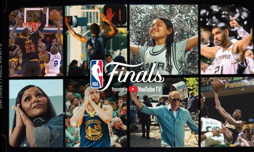 Screenshots of Kevin Costner, Mindy Kaling, and iconic moments in NBA Finals history with the NBA Finals logo and "Presented by YouTube TV"