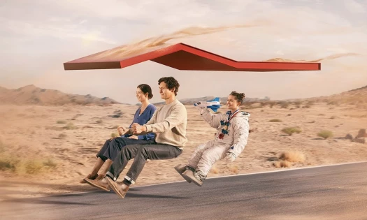 A family floating over an imaginary vehicle