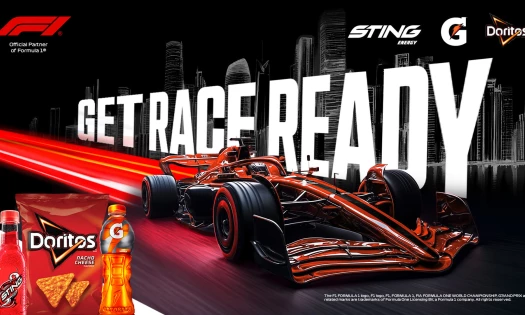 Promotional image featuring a Formula 1 car in motion with the text 'Get Race Ready.' The image includes Sting Energy, Gatorade, and Doritos products, emphasizing their partnership with Formula 1