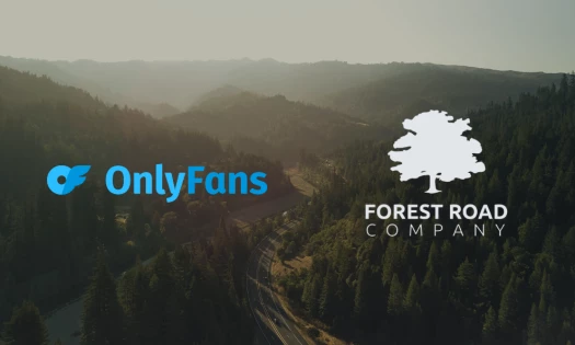 OnlyFans and Forest Road Company Logos against a backdrop of roads and trees