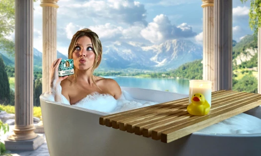 Sydney Sweeney posing with the soap in a bathtub with a rubber duck and scented candle