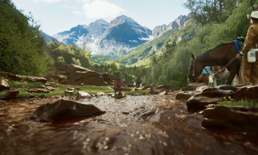 Cowboys resting by a lake