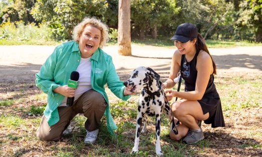 Comedian Fortune Feimster with a Dalmatian