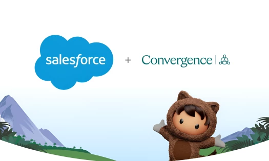 Graphics of an animated boy wearing a bear suit in the mountains with Salesforce + Convergence logos