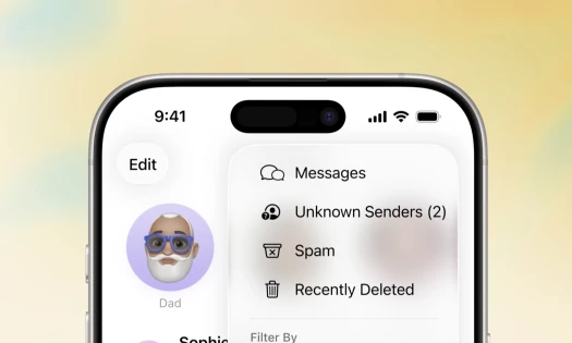 Graphics of an iPhone screen showing "Unknown Senders" folder