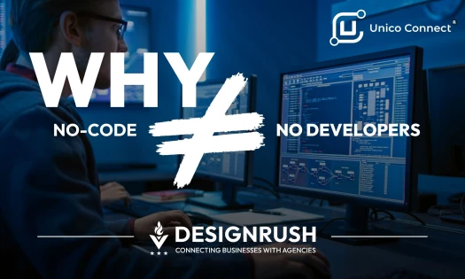 white text on an image of a man working on code: why no-code does not equal no developers