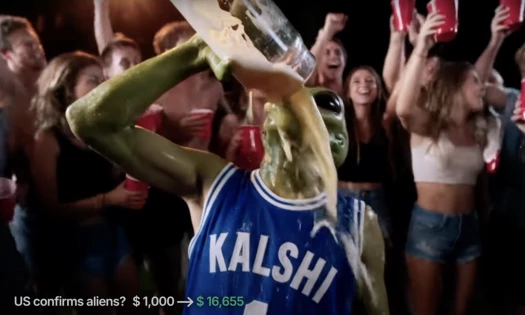 An alien wearing a blue Kalshi basketball jersey chugging a drink