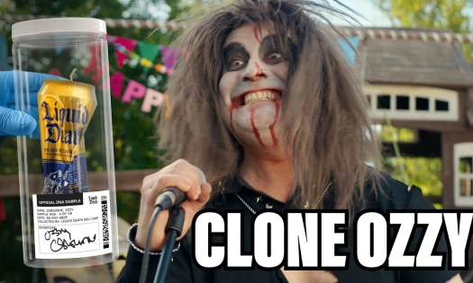 An Ozzy Osbourne lookalike beside the limited-edition Liquid Death can