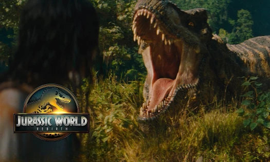 A dinosaur roaring with the "Jurassic World Rebirth" logo