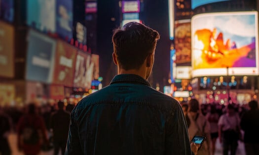 A man standing in front of a crowd using his cellphone, billboards in the distance