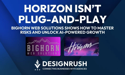 Hero image with bold headline "Horizon Isn’t Plug-and-Play" featuring logos for Bighorn Web Solutions and Horizons, with DesignRush branding at the bottom.