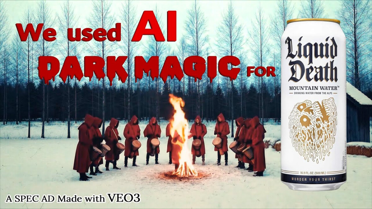 A man on fire surrounded by cult members with drums with a can of Liquid Death and text: "We Used AI Dark Magic for Liquid Death (A Spec Ad Made with VEO3)"