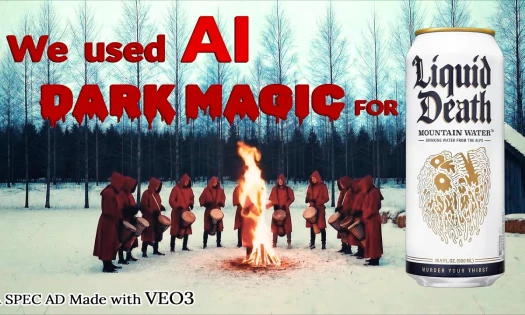 A man on fire surrounded by cult members with drums with a can of Liquid Death and text: "We Used AI Dark Magic for Liquid Death (A Spec Ad Made with VEO3)"