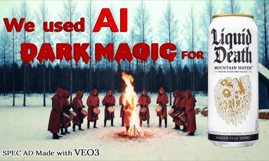A man on fire surrounded by cult members with drums with a can of Liquid Death and text: "We Used AI Dark Magic for Liquid Death (A Spec Ad Made with VEO3)"