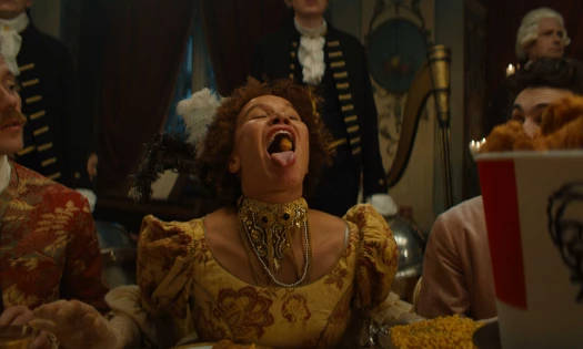 A woman catching a piece of KFC with her mouth