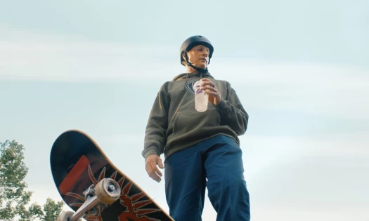 Tony Hawk with his skateboard in Taco Bell's ad