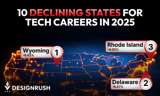 DesignRush map graphics of "10 Declining States for Tech Careers in 2025"