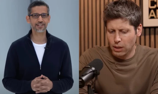Sundar Pichai speaking at Google I/O and Sam Altman in Jack Altman's podcast
