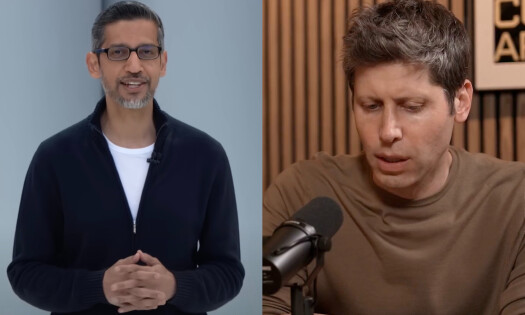 Sundar Pichai speaking at Google I/O and Sam Altman in Jack Altman's podcast