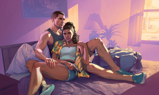 Jason and Lucia, GTA 6's main characters, lounging on a bed with a bag full of cash