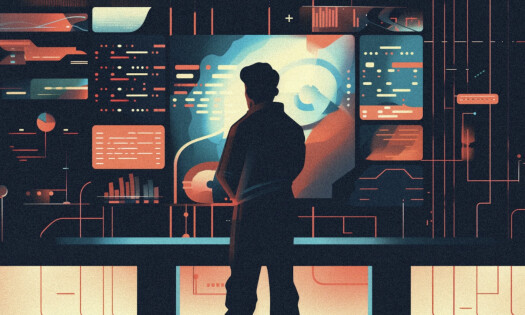 Vector of man standing in front of tech setup