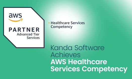 Kanda Software earns AWS Healthcare Services Competency badge, showcasing their status as an AWS Advanced Tier Services Partner, on a green gradient background.