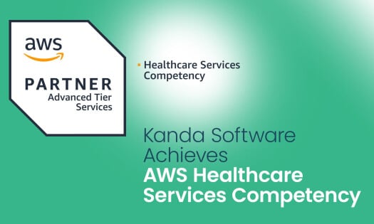 Kanda Software earns AWS Healthcare Services Competency badge, showcasing their status as an AWS Advanced Tier Services Partner, on a green gradient background.