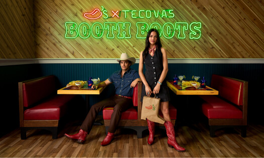 Two people wearing the new Chili's x Tecovas collab boots