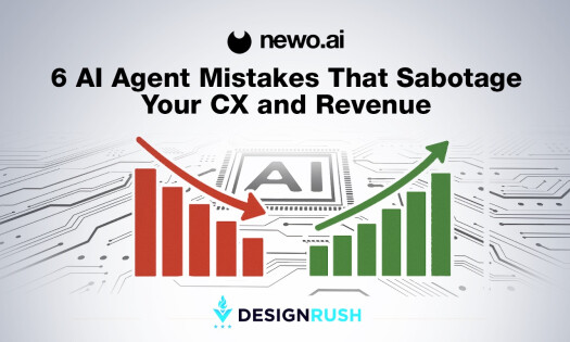 AI agent mistakes hurting CX and revenue – Newo.ai and DesignRush graphic with rising and falling bar charts.