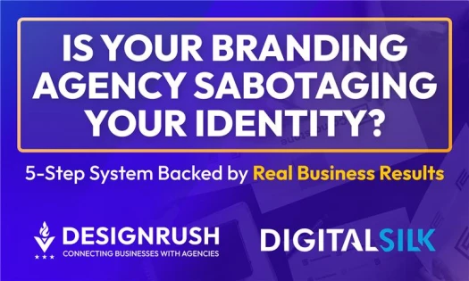 Promotional graphic featuring the question 'Is Your Branding Agency Breaking Your Brand?' followed by the subtext 'Spot the Signs Before Your Brand Suffers.' The text overlays a background image of a team working at a table with laptops, notebooks, and do