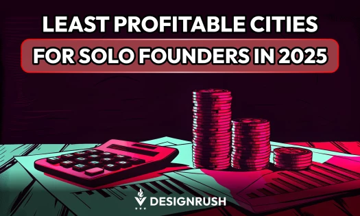DesignRush graphics with calculator and stacks of coins with text: LEAST PROFITABLE CITIES FOR SOLO FOUNDERS IN 2025