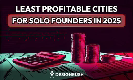 DesignRush graphics with calculator and stacks of coins with text: LEAST PROFITABLE CITIES FOR SOLO FOUNDERS IN 2025