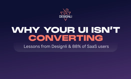 Text graphic with headline: "Why Your UI Isn't Converting" in bold white and orange text. Below, it reads: "Lessons From Designli & 88% Of SaaS Users" with the Designli logo centered. The background is a dark purple gradient. Bottom-left corner reads "Sou