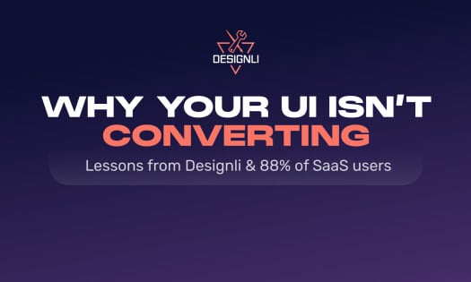 Text graphic with headline: "Why Your UI Isn't Converting" in bold white and orange text. Below, it reads: "Lessons From Designli & 88% Of SaaS Users" with the Designli logo centered. The background is a dark purple gradient. Bottom-left corner reads "Sou