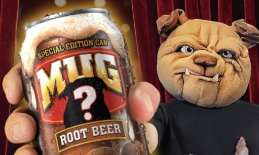 MUG Root Beer's Dog mascot holding special can