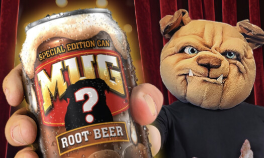 MUG Root Beer's Dog mascot holding special can
