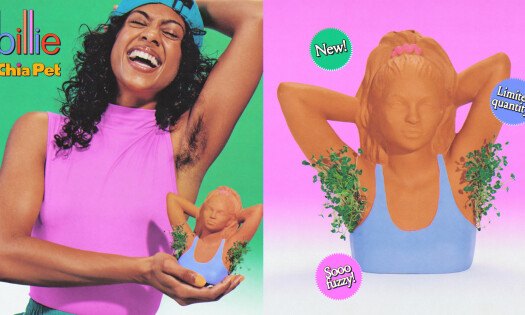 A woman with hairy armpits holding Billie's Chia Pet