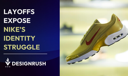 Photo of Nike shoe and graphic that reads "Layoffs Expose Nike's Identity Struggle"