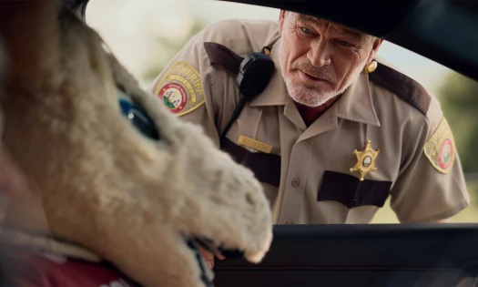 A police offer looks into a car and finds a mascot costume