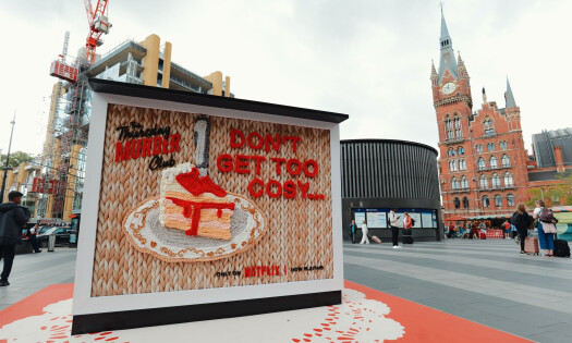 The knitted billboard for Netflix's "The Thursday Murder Club" in London