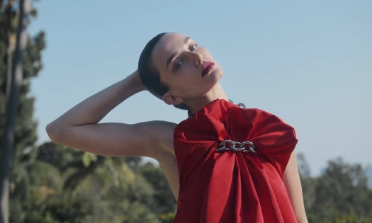 A medium shot of model Andreea Diaconu posing in a red Simone Rocha dress