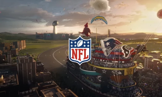 The NFL logo with an AI-generated float parading on a city road in the background