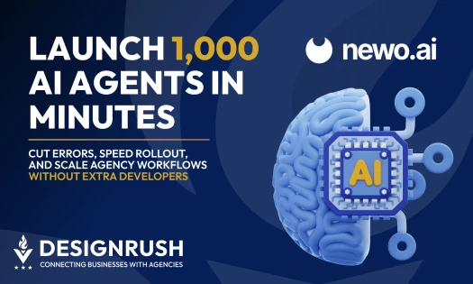 Graphic showing “Launch 1,000 AI Agents in Minutes” with a 3D brain and AI chip illustration, promoting faster rollouts and agency scalability by DesignRush and Newo.ai.