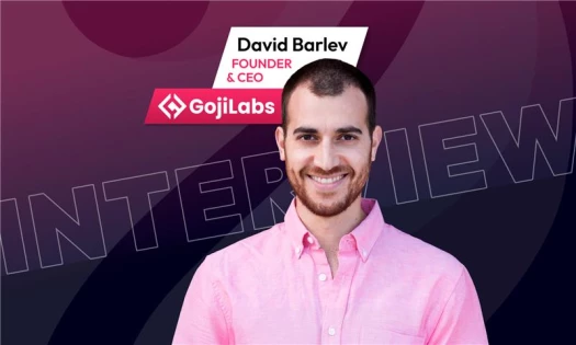 Portrait of David Barlev, Founder and CEO of Goji Labs, with interview graphic background.
