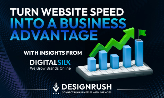 Graphic with text 'Turn Website Speed Into a Business Advantage' featuring a rising bar chart with a green arrow. Includes logos of Digital Silk and DesignRush.