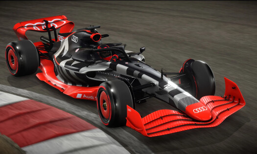 Audi's red race car on Formula 1 track
