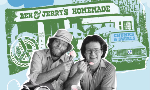 Ben & Jerry’s co-founders Ben Cohen and Jerry Greenfield showing off their ice cream