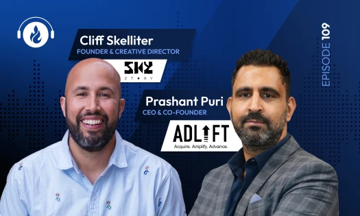 DesignRush Graphic Featuring Headshots from Prashant Puri, Co-Founder & CEO of AdLift, and Cliff Skelliter, Founder & Creative Director of Sky Story Creative.