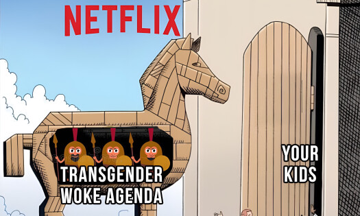 Elon Musk reposted this "Cancel Netflix" graphics of a Trojan Horse ("Transgender Woke Agenda") entering "Your Kinds" home